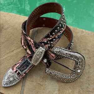 Genuine Leather rhinestone, pink and brown fashion belt XL 41” Montana West